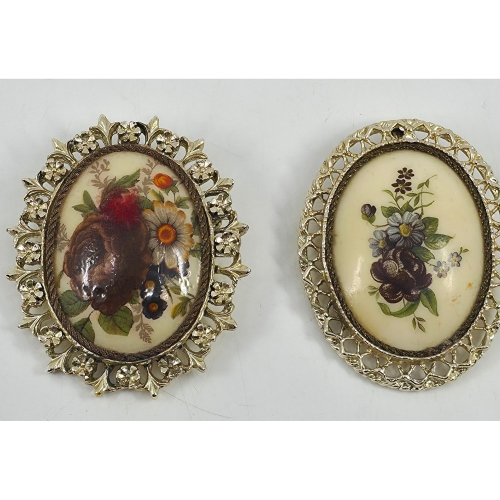Vintage 1975 Sandra Camarota Hand Painted Eggshell Floral Brooch Pendant Set 2pc